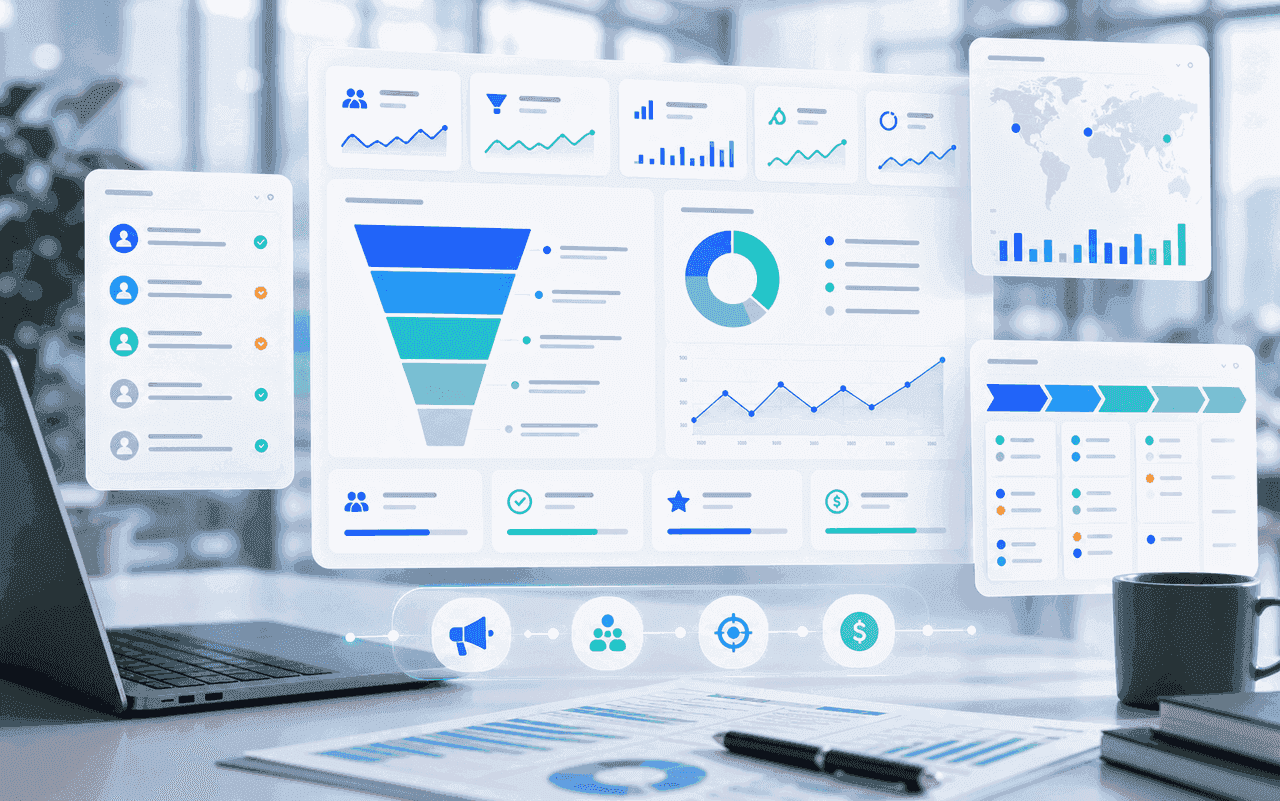 Painel de marketing B2B com funil, métricas e indicadores comerciais.