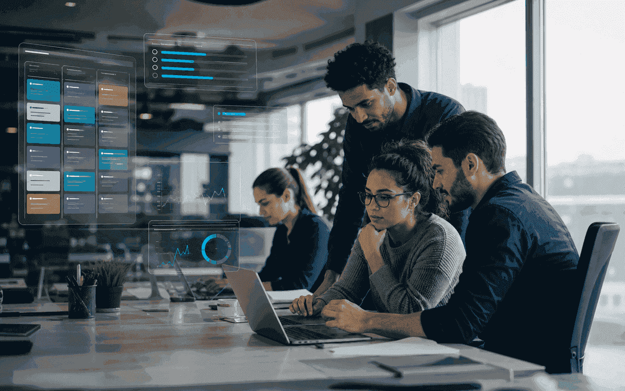 Equipe técnica analisando projeto e indicadores de entrega.