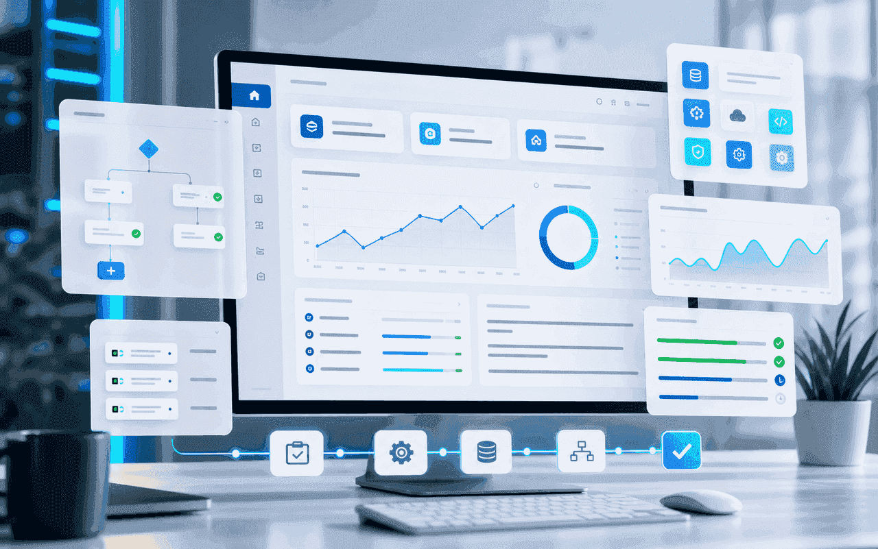 Painel de sistema corporativo com fluxos, indicadores e validações operacionais.